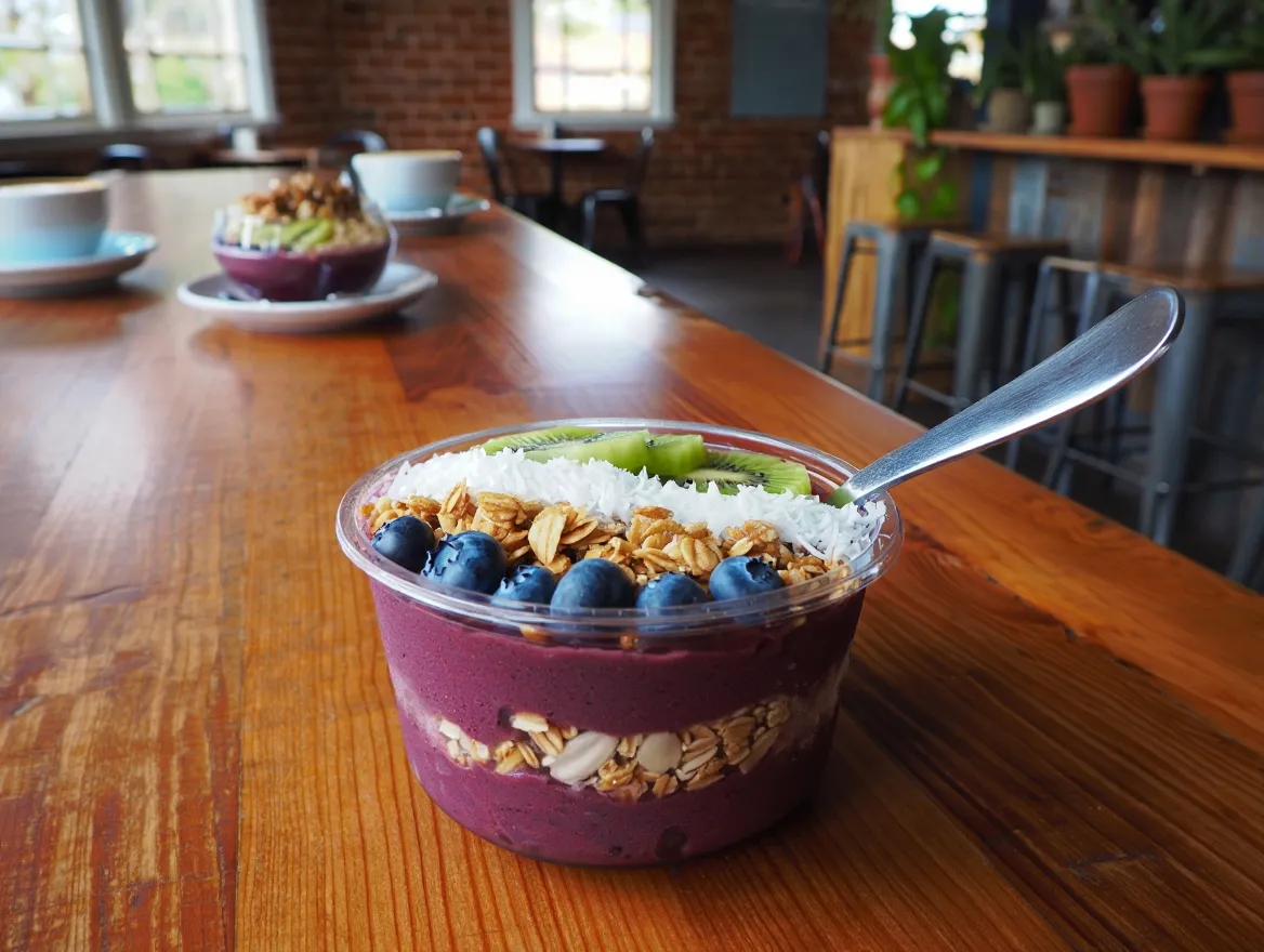 Fresh smoothie bowl and cafe interior at our Byron Bay location